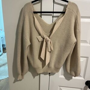 SHEIN Cream V-Neck Sweater with Tie Closure